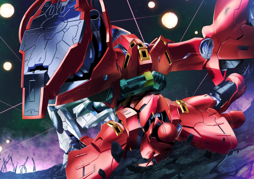 bad_id bad_pixiv_id battle beam broken_ground char's_counterattack commentary_request damaged explosion fujimo_ruru german_suplex gundam highres mecha no_humans nu_gundam robot sazabi science_fiction space star_(sky) suplex v-fin wrestling