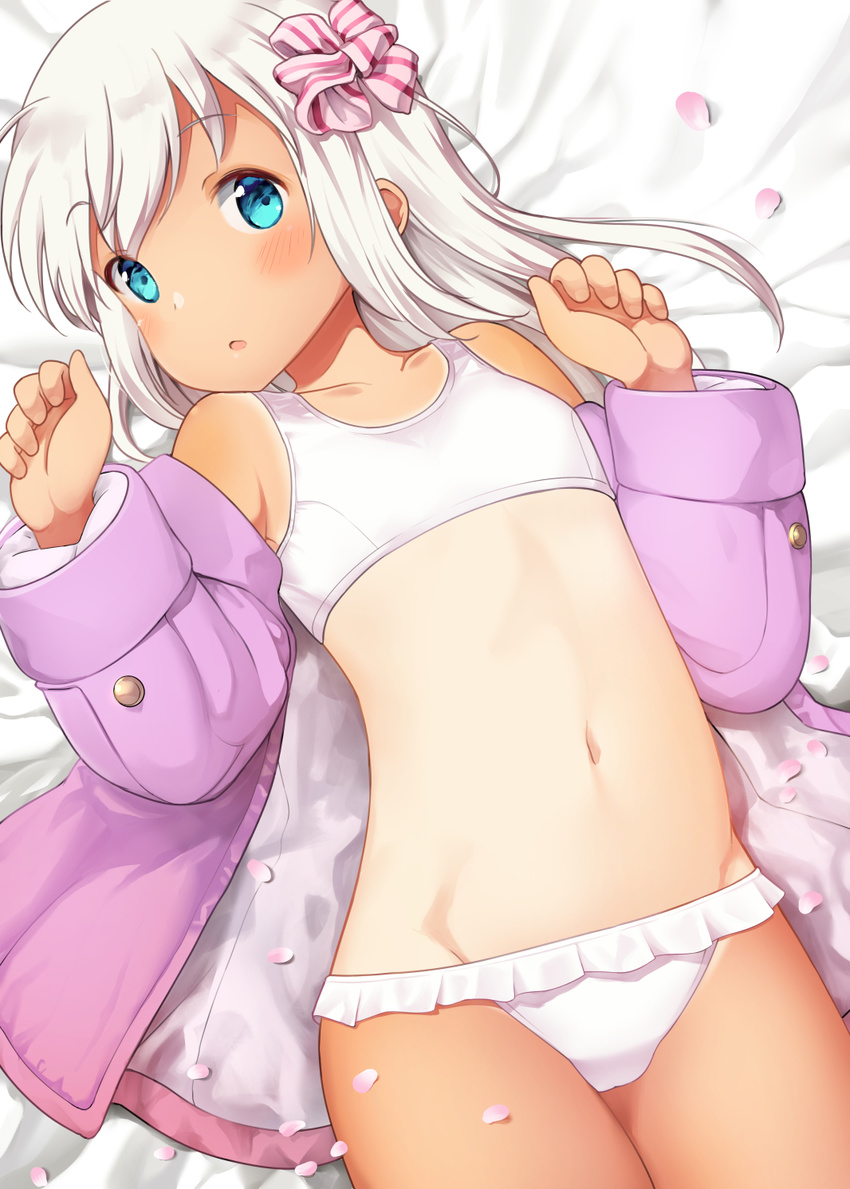 aqua_eyes bad_id bad_pixiv_id bell_(oppore_coppore) bikini bikini_under_clothes blue_eyes blush collarbone cowboy_shot female flat_chest hands_up highres jacket kantai_collection long_hair looking_at_viewer lying navel nontraditional_school_swimsuit on_back one-piece_tan open_clothes open_jacket petals pink_jacket ro-500_(kancolle) ro-500_(swimsuit_mode)_(kancolle) school_swimsuit solo swimsuit tan tanlines tareme thighs white_bikini white_hair