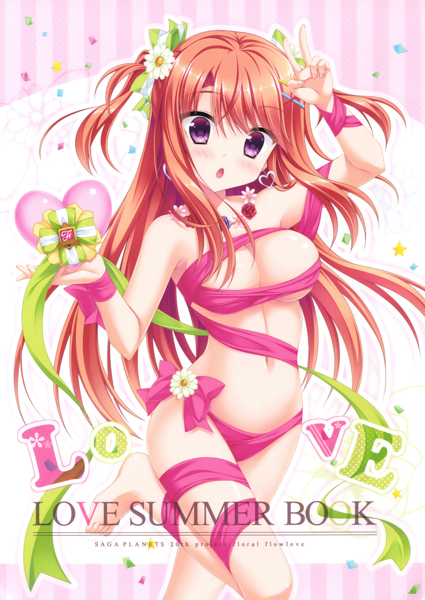 :o absurdres barefoot breasts cleavage confetti earrings eyebrows female floral_flowlove flower flower_necklace hair_flower hair_ornament hair_ribbon hairclip heart heart_earrings highres jewelry large_breasts leg_up long_hair mihato_kano moribe_(rabumanyo) naked_ribbon navel necklace one_side_up open_mouth orange_hair purple_eyes ribbon solo striped striped_background two_side_up v vertical_stripes white_flower wrist_ribbon x_hair_ornament