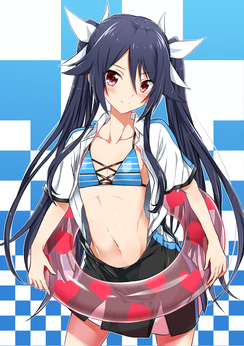 bikini bikini_top_only black_hair blue_bikini brown_eyes checkered_background collarbone commentary_request eyebrows female flat_chest hair_ribbon highres innertube long_hair looking_at_viewer open_clothes open_shirt ore_twintail_ni_narimasu pleated_skirt ribbon see-through shirt skirt solo swim_ring swimsuit tsube_aika twintails white_ribbon white_shirt yuto_(dialique)