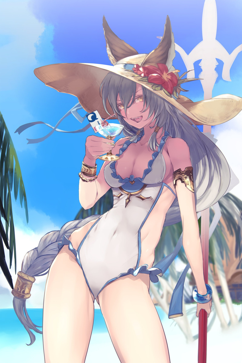 absurdres animal_ears beach bracer braid breasts cleavage cloud commentary_request contrapposto covered_navel cowboy_shot day drink drinking_straw ears_through_headwear erune fangs female flower gift_card granblue_fantasy grey_hair hat heles heles_(summer)_(granblue_fantasy) hibiscus highres holding kumonji_aruto long_hair looking_at_viewer medium_breasts official_alternate_costume one-piece_swimsuit outdoors palm_tree polearm single_braid sky smile solo standing summer sun_hat swimsuit tree very_long_hair water weapon white_one-piece_swimsuit yellow_eyes