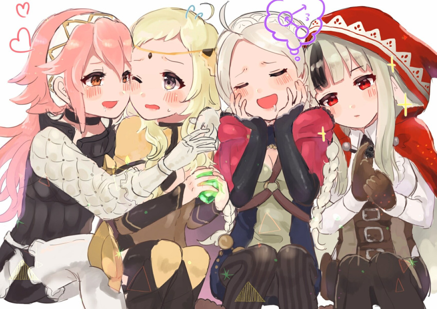 4girls animal_ears belt black_hair blonde_hair braid bridal_gauntlets brown_gloves capelet chest_harness closed_eyes commentary_request drooling fire_emblem fire_emblem_fates fujoshi gambeson gem gloves grey_eyes grey_hair hairband hands_on_own_face harness heart highres holding hood hood_up hooded_capelet imagining interlocked_mars_symbols leather long_hair long_sleeves mars_symbol multicolored_hair multiple_girls nina_(fire_emblem) o-ring o-ring_harness one_eye_closed open_mouth ophelia_(fire_emblem) pink_hair red_eyes sakuramotikun simple_background sitting soleil_(fire_emblem) streaked_hair twin_braids velouria_(fire_emblem) white_background white_hair wolf_ears yuri