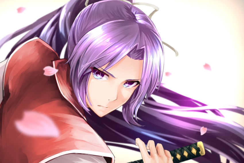 bad_id bad_pixiv_id blue_eyes blurry commentary_request depth_of_field expressionless female hair_ribbon hand_on_hilt haori japanese_clothes kamiya_ueshi katana leaning_forward long_hair looking_at_viewer looking_back meira_(touhou) petals ponytail purple_hair ribbon serious simple_background solo sword thick_eyebrows touhou touhou_(pc-98) upper_body very_long_hair weapon white_background