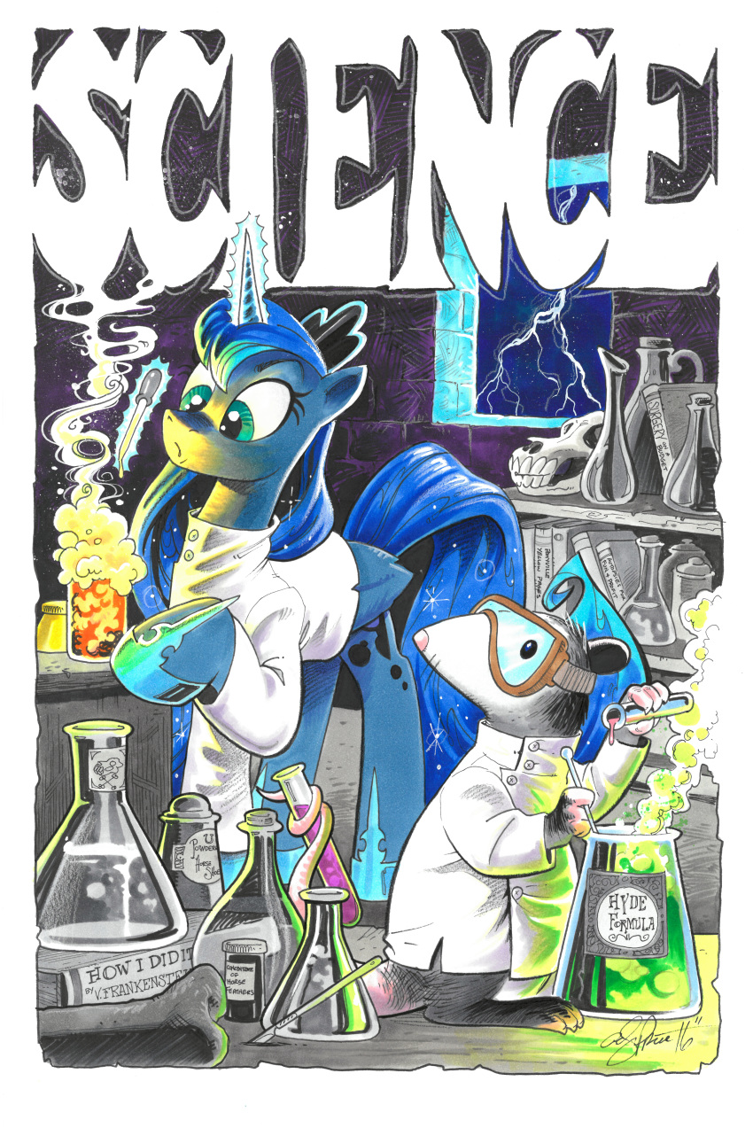 2016 :o absurd_res alicorn american_opossum andy_price beaker blue_body blue_feathers blue_hair bone book border castle clothed clothing coat crown cutie_mark duo electricity english_text equid equine eyebrows eyelashes eyewear feathered_wings feathers female feral for_science! friendship_is_magic glass glowing glowing_horn goggles hair hasbro headgear hi_res holding_object hooves horn inside lab_coat laboratory_equipment laboratory_glassware levitation lightning long_hair magic male mammal marsupial medical_instrument my_little_pony mythological_creature mythological_equine mythology open_mouth princess_luna_(mlp) raised_leg royalty scalpel scientific_instrument shelf signature skull smoke standing surgical_instrument tail_hold teal_eyes text tiberius_(mlp) topwear traditional_media_(artwork) vial virginia_opossum white_border window wings