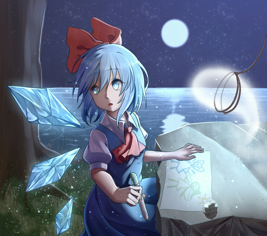 ascot blue_dress blue_eyes blue_hair bow breasts child's_drawing cirno commentary daiyousei dress female full_moon grass hair_between_eyes hairbow highres hitodama holding holding_pencil ice ice_wings leash light_particles looking_to_the_side minuo moon night night_sky outdoors paper parted_lips pencil pinafore_dress puffy_short_sleeves puffy_sleeves red_ascot red_bow rock shirt short_hair short_sleeves sitting sky sleeveless sleeveless_dress small_breasts solo star_(sky) starry_sky touhou tree water white_shirt wing_collar wings