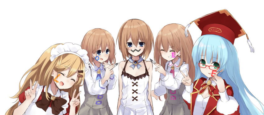 5girls :d ^_^ bare_shoulders blanc_(neptunia) blonde_hair blue_eyes blue_hair blush brown_hair buran_buta closed_eyes commentary_request double_v dress fake_facial_hair fake_mustache financier glasses green_eyes grin hair_ornament hairclip hat highres holding holding_marker light_blue_hair long_hair looking_at_viewer maid maid_headdress marker mortarboard multiple_girls neck_ribbon neptune_(series) nishizawa_mina open_mouth parted_bangs ram_(neptunia) red-framed_eyewear ribbon rom_(neptunia) short_hair siblings simple_background sisters smile spaghetti_strap twins v white_background white_dress