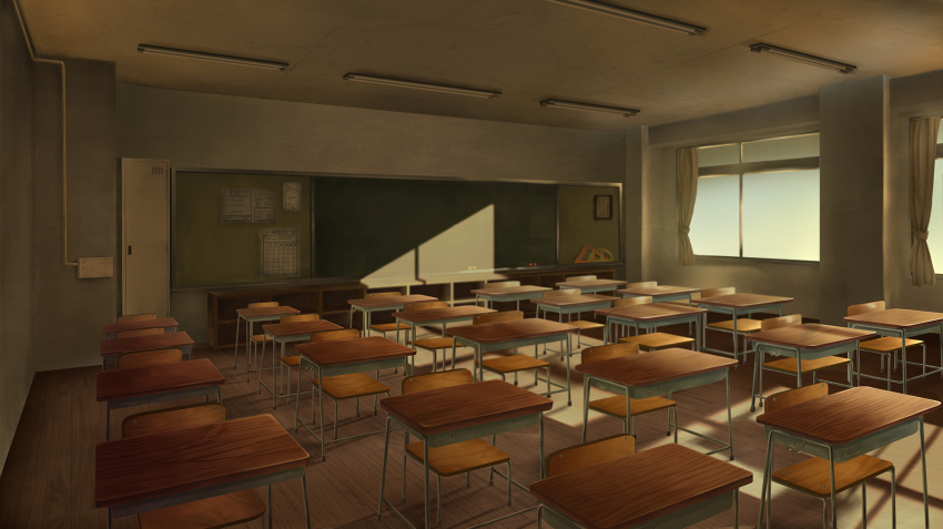 calendar_(object) ceiling_light chair chalkboard classroom commentary_request curtains desk highres hitoshi_(mokafukutv) indoors locker neon_lights no_humans original photoshop_(medium) protractor scenery school school_chair school_desk set_square window