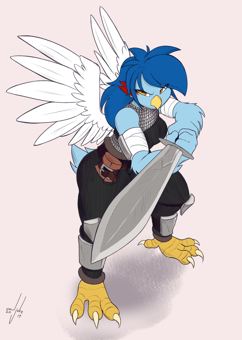 2019 3_toes 4_fingers 4_toes absurd_res anisodactyl anthro armor avian avian_feet beak blue_body blue_feathers blue_hair breasts cewljoke chainmail clothed clothing conditional_dnp feathers feet female fingers hair hi_res looking_at_viewer melee_weapon non-mammal_breasts orange_eyes simple_background solo sword talons toes weapon white_body white_feathers wings