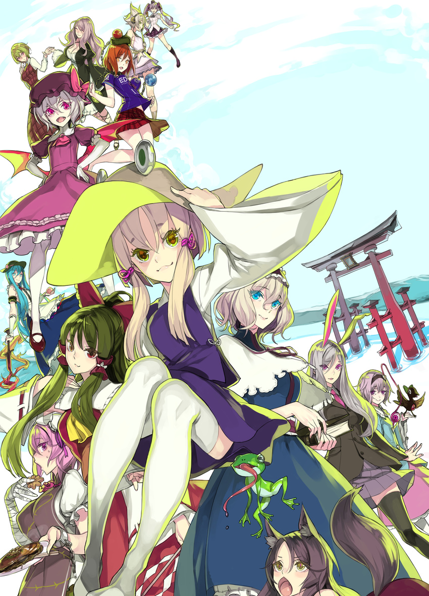 6+girls absurdres alice_margatroid animal_ears bat_wings blonde_hair blue_eyes brown_eyes brown_hair capelet clothes_writing commentary_request fakepucco food gradient_hair green_eyes green_hair hairband hakurei_reimu hand_on_own_hip hat hecatia_lapislazuli highres hijiri_byakuren himekaidou_hatate hinanawi_tenshi ibaraki_kasen imaizumi_kagerou itsukushima_shrine kazami_yuuka komeiji_satori light_purple_hair long_hair mob_cap momiji_manjuu moriya_suwako multicolored_hair multiple_girls okonomiyaki pink_eyes pink_hair purple_hair pyonta rabbit_ears red_eyes red_hair reisen_udongein_inaba reiuji_utsuho reiuji_utsuho_(bird) remilia_scarlet ryoubu_torii tail thighhighs torii touhou toyosatomimi_no_miko white_legwear wide_sleeves wings wolf_ears wolf_tail