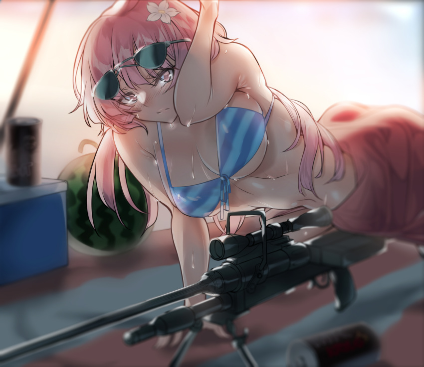 anti-materiel_rifle arm_support bababababan bad_id bad_pixiv_id beach_towel bikini bipod blush breasts can cleavage commentary eyewear_on_head female food fruit girls'_frontline gun highres long_hair medium_breasts navel ntw-20 ntw-20_(girls'_frontline) ntw-20_(op._blazing_sun)_(girls'_frontline) official_alternate_costume pink_eyes pink_hair rifle sarong scope sniper_rifle solo striped_bikini striped_clothes swimsuit towel watermelon weapon wet