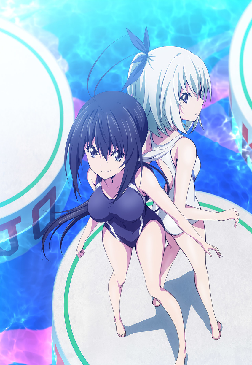 2girls antenna_hair back-to-back barefoot black_hair black_ribbon blue_eyes breasts competition_swimsuit from_above hair_ribbon highres kaminashi_nozomi keijo!!!!!!!! large_breasts long_hair miyata_sayaka multiple_girls official_art one-piece_swimsuit ribbon short_hair smile standing swimsuit water white_hair white_one-piece_swimsuit