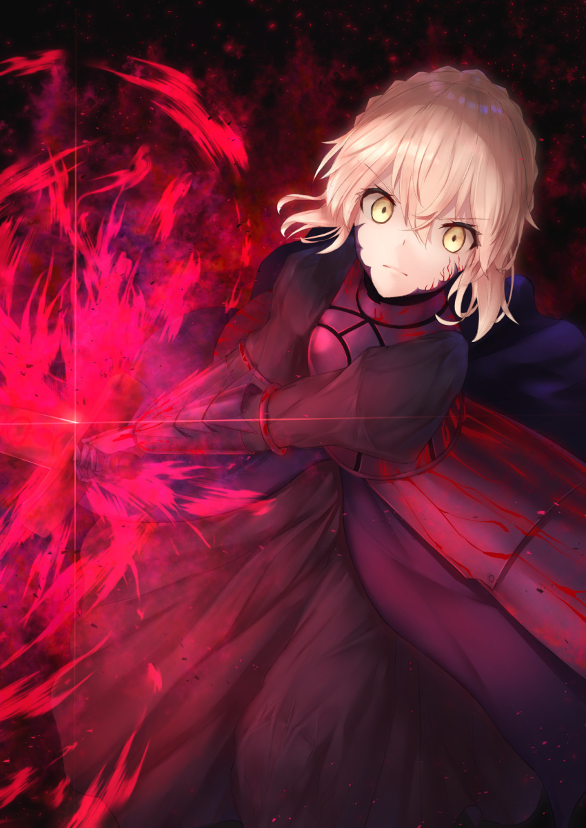 armor armored_dress artoria_pendragon_(fate) black_dress blonde_hair braid braided_bun commentary_request dress excalibur_morgan_(fate) fate/stay_night fate_(series) faulds female frown gauntlets hair_between_eyes hair_bun highres holding holding_sword holding_weapon long_dress looking_at_viewer reuri_(tjux4555) saber_alter short_hair solo sparkle sword v-shaped_eyebrows weapon yellow_eyes