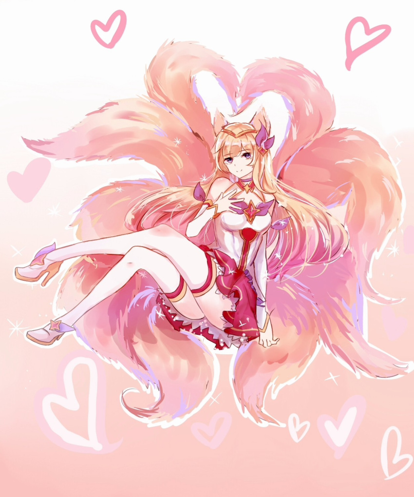 ahri alternate_costume alternate_eye_color alternate_hair_color animal_ears boots breasts choker detached_sleeves female fox_ears fox_tail hair_ornament hairband high_heel_boots high_heels league_of_legends legs long_hair long_legs magical_girl multiple_tails peach_hair skirt star_guardian_ahri stiletto_heels tail thigh_boots thighhighs thighs white_legwear