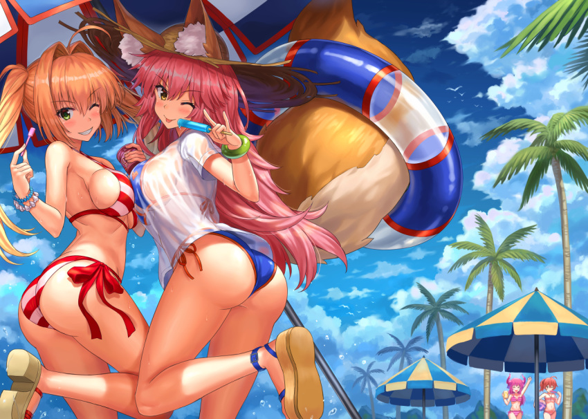 4girls ahoge animal_ear_fluff animal_ears ass asymmetrical_horns beach_umbrella bead_bracelet beads bikini bikini_under_clothes blue_bikini blue_sky bracelet breasts cleavage commentary_request criss-cross_halter curled_horns day dragon_girl dragon_horns earrings ears_through_headwear elizabeth_bathory_(fate) elizabeth_bathory_(fate/extra_ccc) elizabeth_bathory_(sweet_room_dream)_(fate) fate/grand_order fate_(series) food fox_ears fox_girl fox_shadow_puppet fox_tail fujimaru_ritsuka_(female) fujimaru_ritsuka_(female)_(brilliant_summer) green_eyes hair_intakes hair_ornament hair_scrunchie halterneck hat horns ice innertube jewelry large_breasts long_hair looking_at_viewer multiple_girls navel nero_claudius_(fate) nero_claudius_(swimsuit_caster)_(fate) npcpepper ocean official_alternate_costume one_eye_closed orange_hair orange_scrunchie outdoors palm_tree parasol pink_hair red_bikini scrunchie shirt side-tie_bikini_bottom side_ponytail sky straw_hat striped_bikini striped_clothes swim_ring swimsuit t-shirt tail tamamo_(fate) tamamo_no_mae_(swimsuit_lancer)_(fate) tamamo_no_mae_(swimsuit_lancer)_(second_ascension)_(fate) tongue tree twintails umbrella uneven_horns very_long_hair wet wet_clothes wet_shirt yellow_eyes