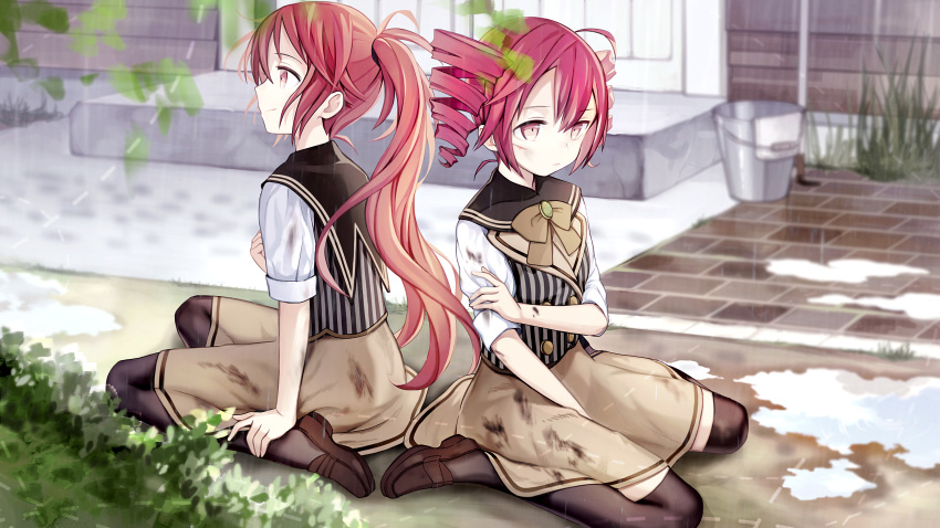 2girls absurdres back-to-back bow bowtie brick_floor bucket buttons collared_shirt commentary_request crossover cul dirty dirty_clothes door double-breasted drill_hair grass hand_on_own_shoulder highres kari_kenji kasane_teto leaf long_hair mary_janes multiple_girls photoshop_(medium) ponytail puddle rain red_eyes red_hair shirt shoes short_hair short_sleeves sitting skirt striped_clothes striped_vest thighhighs twin_drills utau vest vocaloid wariza