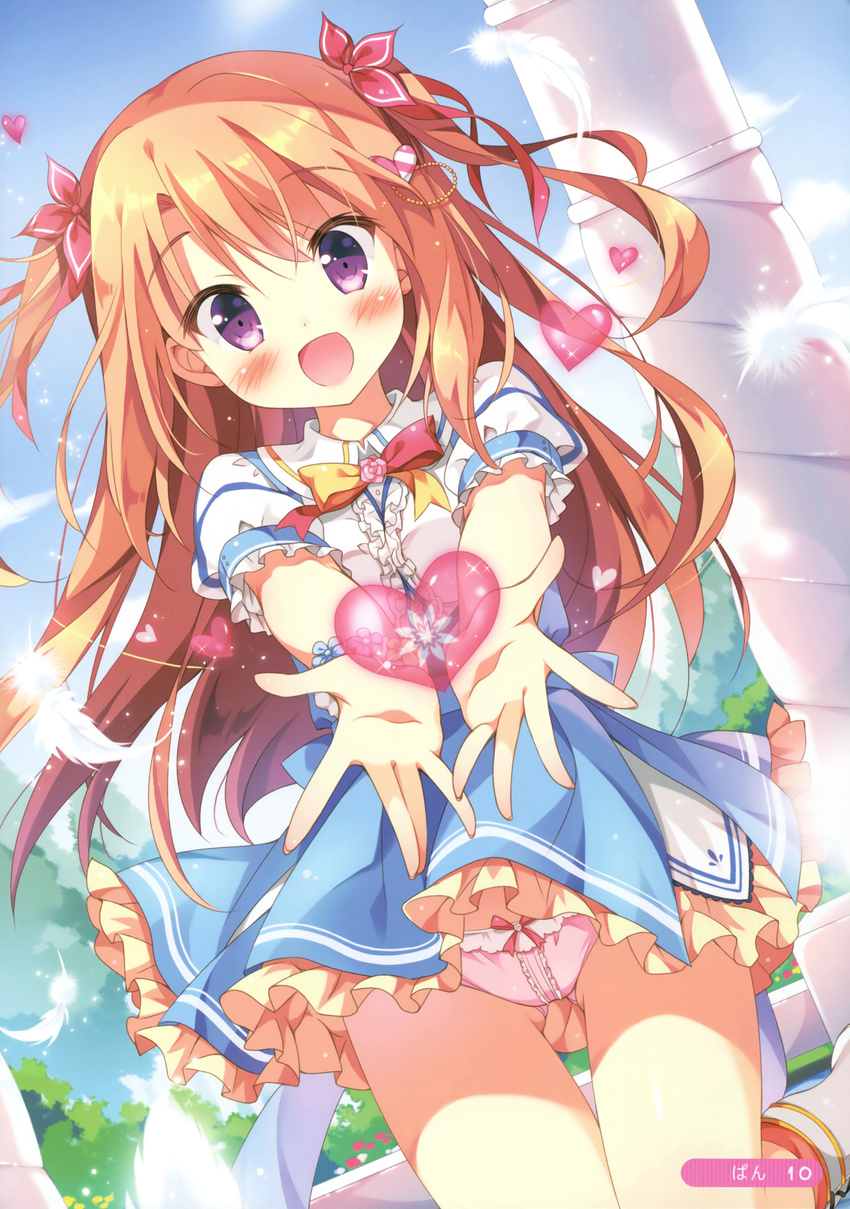 :d absurdres ass_visible_through_thighs blue_skirt blush bow bow_panties brown_hair cloud collared_shirt column day dutch_angle feathers female floral_flowlove hair_ribbon heart highres kneeling long_hair looking_at_viewer mihato_kano open_mouth outdoors outstretched_arms pan_(mimi) panties pillar pink_panties purple_eyes red_ribbon ribbon scan shirt short_sleeves skirt sky smile solo two_side_up underwear very_long_hair white_shirt wind wing_collar