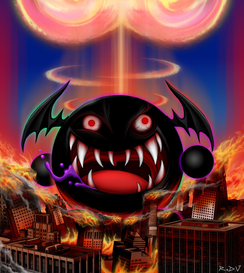 ball black_body black_skin blackorb00 city explosion fernandez fire glowing glowing_body glowing_skin hi_res monster nightmare_fuel red_eyes ruins smile soul_devouring_eyes sunsoft waku_waku_7 wings