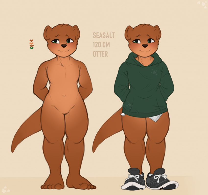 anthro barefoot biped bottomless brown_body brown_fur clothed clothing english_text featureless_crotch feet footwear fur green_eyes male mammal model_sheet mustelid nude otter seasalt_(seniorseasalt) seniorseasalt shoes simple_background slightly_chubby solo tan_background text