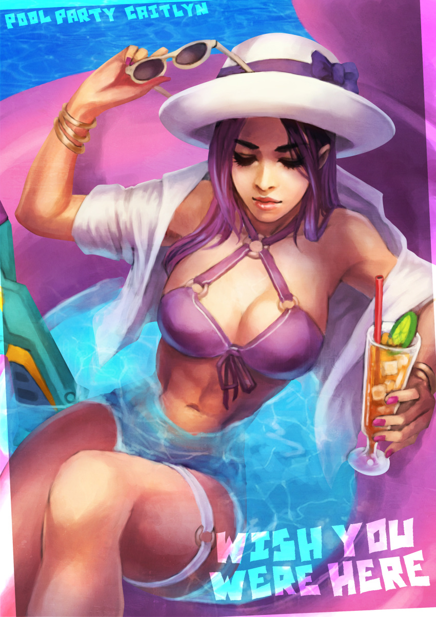 absurdres afloat alternate_costume alternate_hair_color bangle bikini bracelet breasts caitlyn_(league_of_legends) cleavage closed_eyes cocktail commentary english_commentary female front-tie_bikini_top front-tie_top hat highres holding holding_removed_eyewear innertube jewelry league_of_legends lips long_hair medium_breasts monori_rogue navel o-ring o-ring_bikini open_clothes open_shirt partially_submerged photoshop_(medium) pool pool_party_(league_of_legends) pool_party_caitlyn purple_hair solo stomach sun_hat sunglasses swim_ring swimsuit thigh_strap toned unworn_eyewear