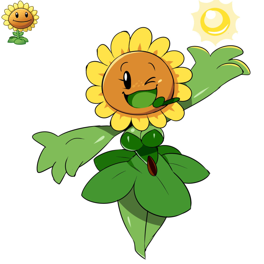 big_breasts dress green_body hourglass_figure leaf_skirt microphone plant_girl plantie plants_vs_zombies smile sunflower_(pvz) thehelmetguy thick_thighs wink