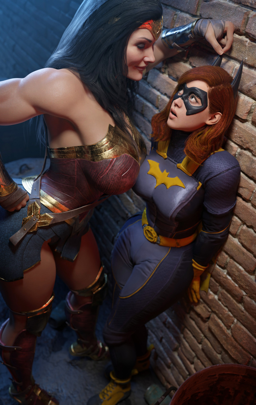 2023 2girls 3d athletic athletic_female barbara_gordon batesz batgirl batgirl_(gotham_knights) batman_(series) big_breasts breasts curvy_figure dc dc_comics diana_prince female female_only femdom femsub fit_female fully_clothed gotham_knights height_difference highres huge_breasts imminent_yuri injustice_2 kabedon large_breasts lezdom lezsub light-skinned_female light_skin muscular muscular_female red_hair seductive seductive_eyes seductive_gaze seductive_look seductive_smile short_hair taller_female taller_girl tease teasing thick_thighs wonder_woman wonder_woman_(injustice) wonder_woman_(series) yuri yuri_seduction