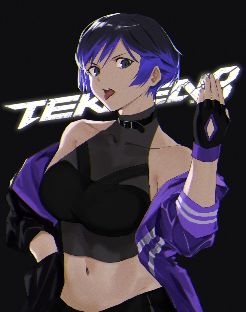 1girls belly_button female female_only gloves kibou midriff namco navel reina_mishima short_hair tekken tekken_8 tomboy tongue tongue_out two_tone_hair