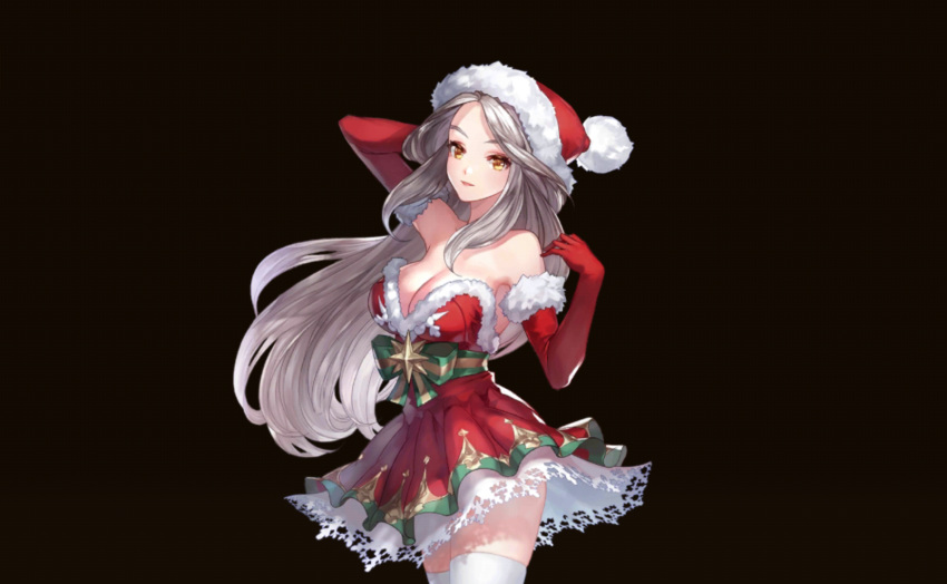 armpits arms_up bare_shoulders black_background breasts christmas cleavage elbow_gloves female forehead fur_trim gloves grey_hair hat highres king's_raid large_breasts lewisia_(king's_raid) long_hair looking_at_viewer official_art santa_costume santa_gloves santa_hat smile thighhighs very_long_hair yellow_eyes