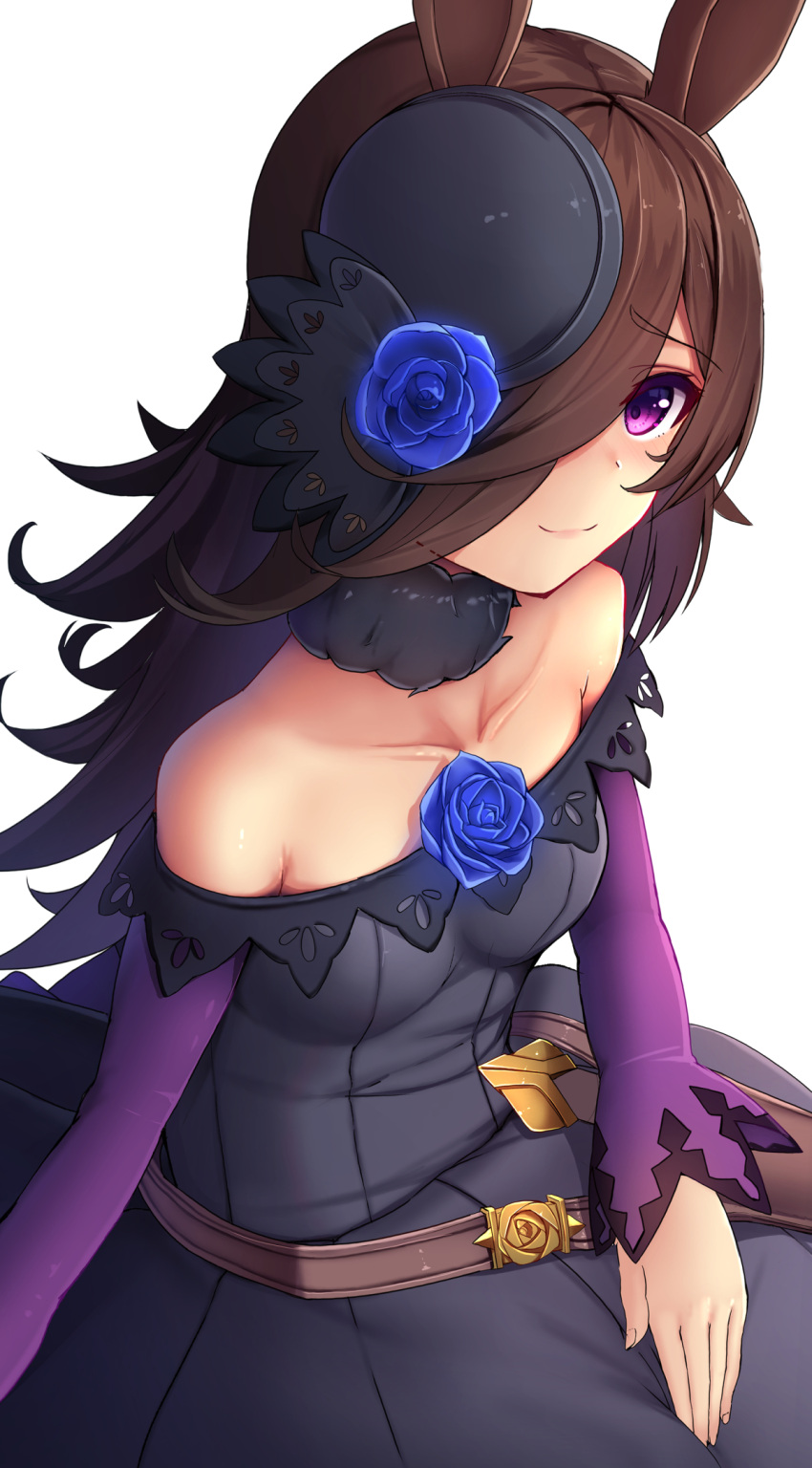 animal_ears bare_shoulders black_dress black_hat blue_flower blue_rose breasts brown_hair collarbone commentary_request dress female flower hair_over_one_eye hat hat_flower highres horse_ears horse_girl long_hair long_sleeves looking_at_viewer off-shoulder_dress off_shoulder purple_eyes rice_shower_(umamusume) rose simple_background sitting sleeves_past_wrists small_breasts smile solo tatapopo tilted_headwear umamusume very_long_hair white_background