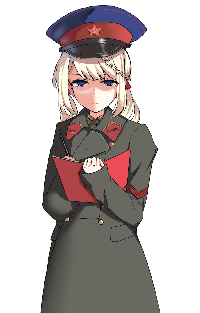 blonde_hair blue_eyes braid closed_mouth commentary_request female girls'_frontline hammer_and_sickle hat highres jacket long_hair looking_at_viewer military military_hat military_jacket military_uniform nkvd notebook pencil photoshop_(medium) pk-971 ppsh-41_(girls'_frontline) russian_commentary serious solo soviet uniform white_background