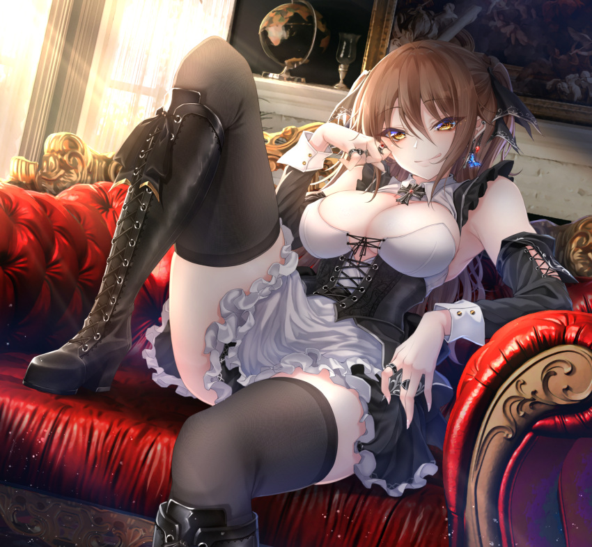 :q apron bad_id bad_pixiv_id black_corset black_footwear black_sleeves black_thighhighs boots breasts brown_eyes brown_hair closed_mouth corset couch denpa_(denpae29) detached_sleeves earrings female globe hair_between_eyes hair_ornament highres indoors jewelry knee_boots knee_up large_breasts long_hair long_sleeves looking_at_viewer original ring sitting smile solo thighhighs thighs tongue tongue_out white_apron zettai_ryouiki