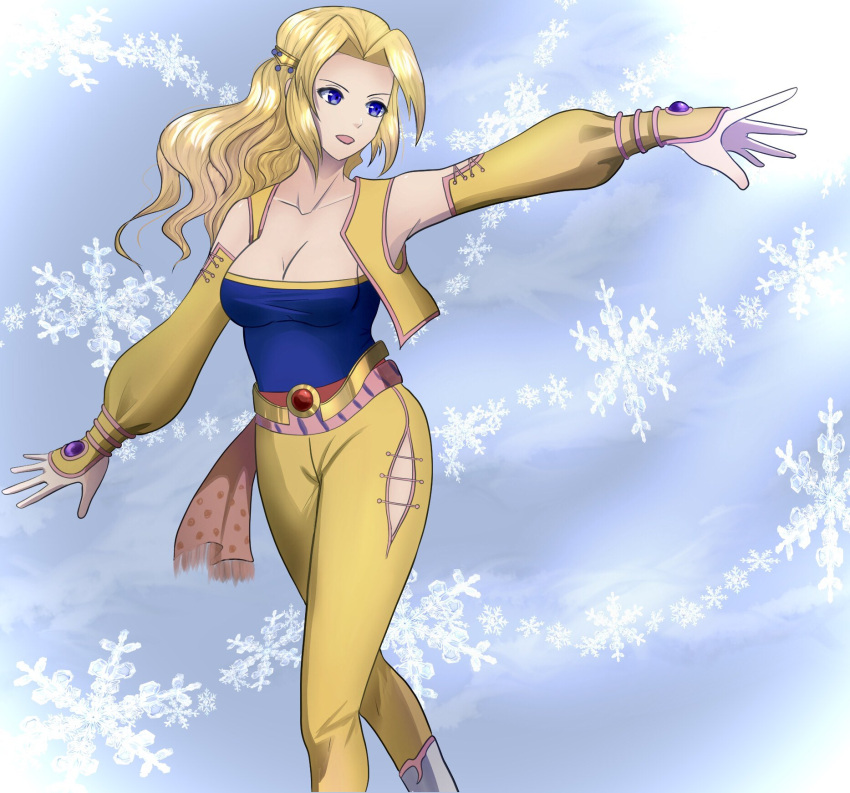 blonde_hair blue_eyes blue_shirt breasts celes_chere cleavage detached_sleeves female final_fantasy final_fantasy_vi hair_ornament highres lace-up_legwear large_breasts long_hair looking_to_the_side official_alternate_costume open_mouth pants shirt snowflakes solo soosupaan vest waist_cape wavy_hair white_footwear yellow_pants