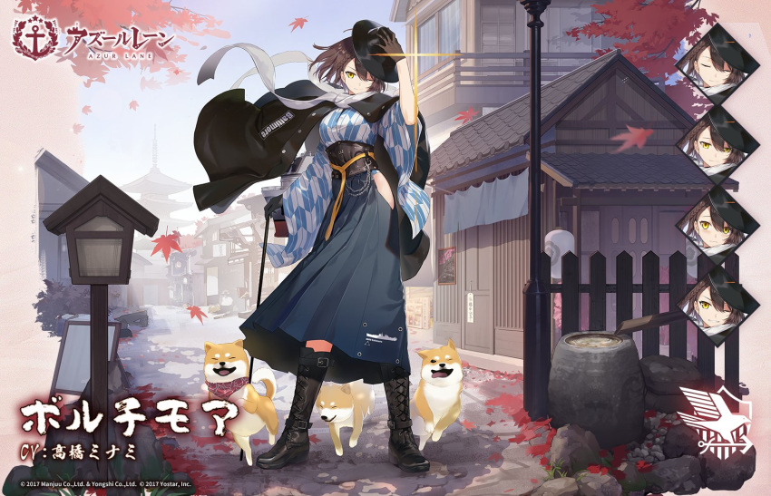 autumn_leaves azur_lane baltimore_(ace's_travel_journal)_(azur_lane) baltimore_(azur_lane) black_flower black_gloves black_headwear blue_skirt boots braid brown_hair cross-laced_footwear eagle_union_(emblem) expressions female flower gloves hakama hakama_skirt high-waist_skirt highres hip_vent japanese_clothes keli_bang knee_boots long_skirt medium_hair meiji_schoolgirl_uniform official_alternate_costume official_art outdoors promotional_art scarf second-party_source skirt solo translated welsh_corgi white_scarf yagasuri yellow_eyes