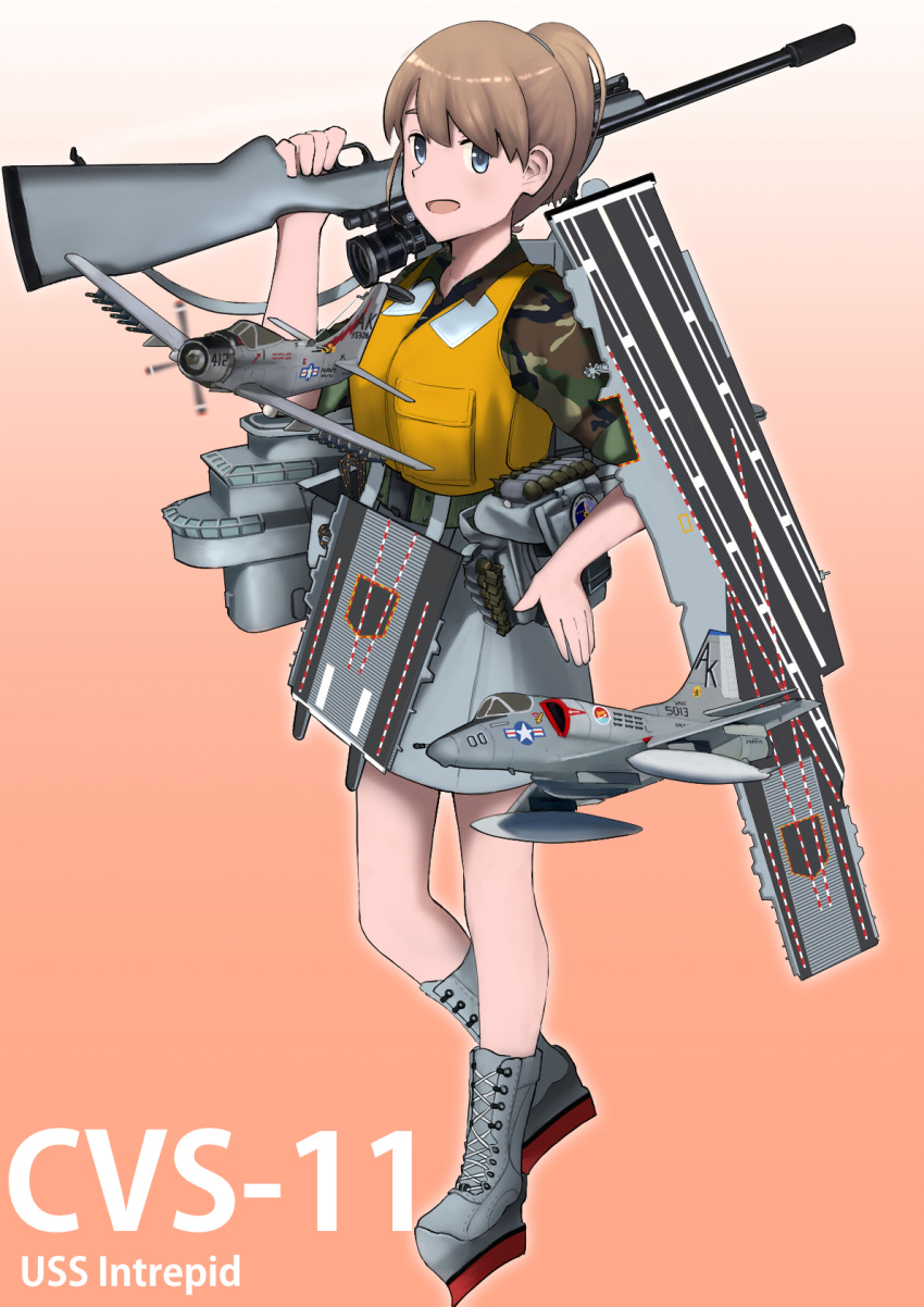 a-1_skyraider a-4_skyhawk aircraft airplane backpack bag blue_eyes bolt_action brown_hair camouflage character_name commentary_request female flight_deck full_body gradient_background grey_skirt gun hand_on_own_hip highres intrepid_(kancolle) kantai_collection life_vest looking_at_viewer m1903_springfield machinery miniskirt ocean orange_background original_remodel_(kantai_collection) ponytail rifle rigging short_hair skirt solo standing timmyyen water weapon