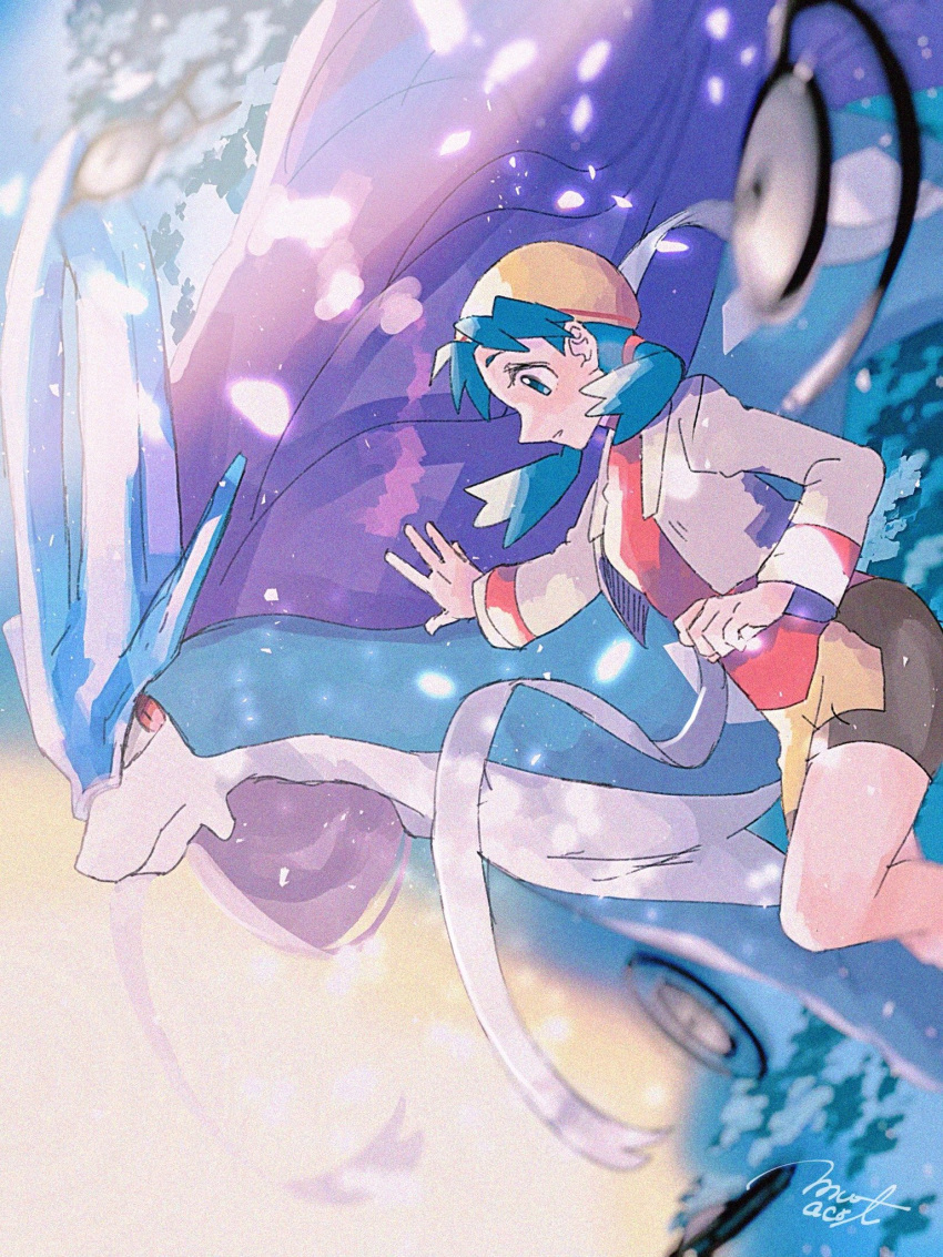 bike_shorts blue_eyes blue_hair blurry clenched_hand commentary cropped_jacket female hair_tie hanenbo highres jacket kris_(pokemon) long_hair long_sleeves parted_lips pokemon pokemon_(creature) pokemon_gsc signature suicune tied_hair twintails unown unown_a unown_d unown_o white_jacket yellow_headwear