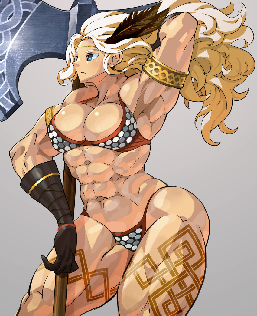 27_degrees abs amazon_(dragon's_crown) amazon_warrior armlet armor armpits axe bikini_armor blonde_hair breasts circlet curvy dragon's_crown feather_hair_ornament feathers female gloves hair_ornament highres large_breasts long_hair muscular muscular_female photoshop_(medium) solo swimsuit tattoo thick_thighs thighs weapon