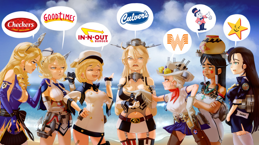 6+girls arizona_(azur_lane) azur_lane beach blake's_lotaburger blonde_hair breasts california_(azur_lane) carl's_jr. checkers_and_rally's closed_eyes colorado_(kancolle) contrapposto country_connection crossover culver's detached_sleeves earrings garter_straps good_times_burgers_&_frozen_custard hair_between_eyes hat highres in-n-out_burger iowa_(kancolle) jewelry kantai_collection large_breasts long_hair md5_mismatch medium_breasts multiple_girls navel new_jersey_(pacific) no_legwear original pacific_(kancolle) personification rigging short_hair smile speech_bubble thighhighs thighs toorops trogdor_the_burninator uss_new_mexico_(bb-40) uss_texas_(bb-35) whataburger