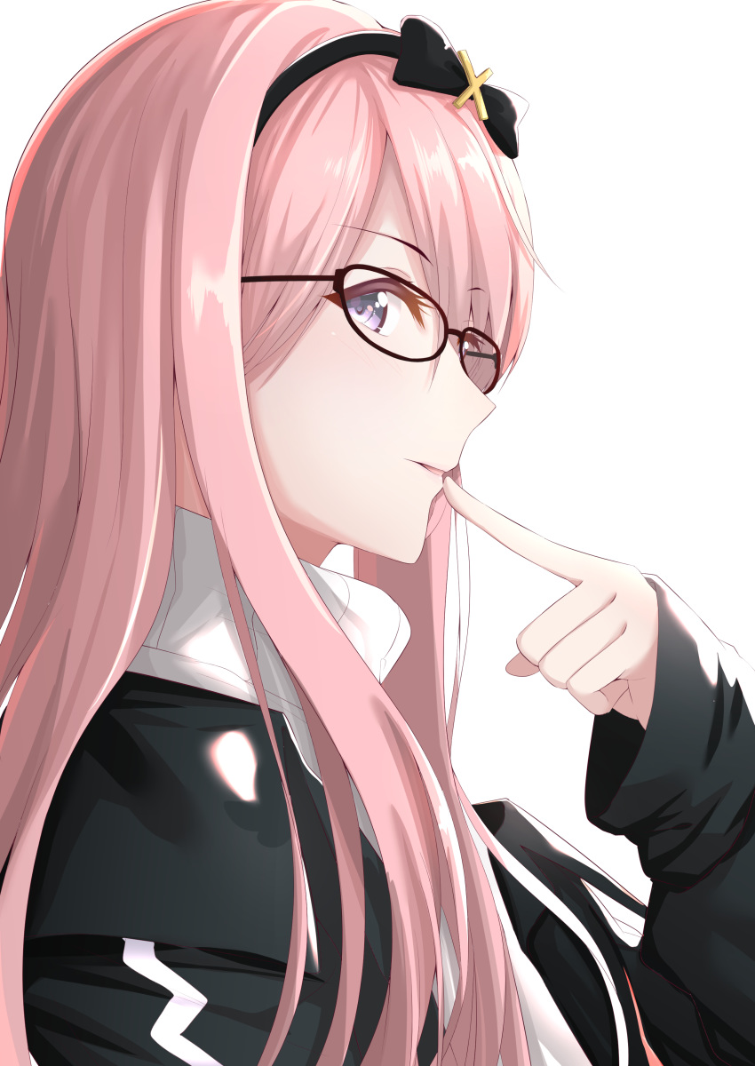 1boy absurdres androgynous bespectacled black_jacket borumete check_commentary closed_mouth commentary_request finger_to_mouth from_side glasses hairband highres holostars jacket long_hair male_focus otoko_no_ko pink_hair purple_eyes simple_background sleeves_past_wrists solo tsukishita_kaoru turtleneck upper_body virtual_youtuber white_background