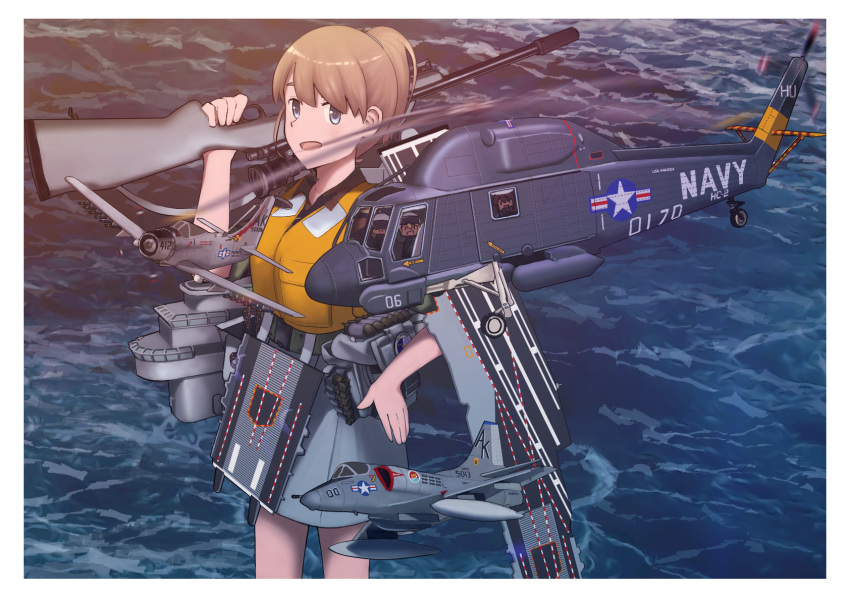 a-1_skyraider a-4_skyhawk aircraft airplane backpack bag blue_eyes bolt_action brown_hair camouflage commentary_request cowboy_shot fairy_(kancolle) female flight_deck grey_skirt gun hand_on_own_hip helicopter highres intrepid_(kancolle) kaman_sh2_seasprite kantai_collection life_vest looking_at_viewer m1903_springfield machinery miniskirt ocean original_remodel_(kantai_collection) ponytail rifle rigging scope short_hair skirt solo standing timmyyen vehicle_focus water weapon