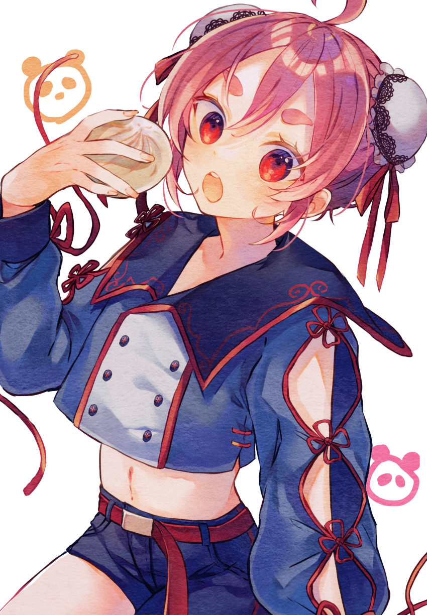 :o ahoge asymmetrical_pants bad_id bad_pixiv_id baozi belt belt_buckle blue_shirt blue_shorts buckle bun_cover commentary_request crop_top double_bun female food hair_bun highres holding holding_food long_sleeves looking_at_viewer midriff naoton navel open_mouth original puffy_long_sleeves puffy_sleeves red_belt red_eyes red_hair shirt short_eyebrows short_shorts shorts simple_background solo thick_eyebrows white_background