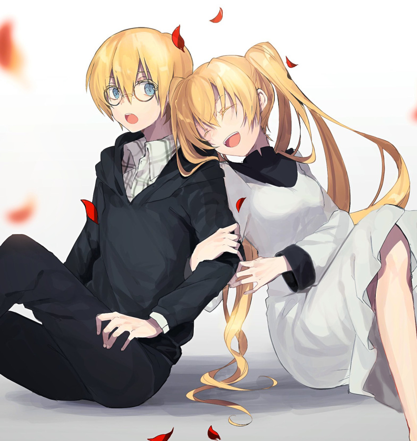 1boy :d ^_^ bad_id bad_pixiv_id black-framed_eyewear black_(kekkai_sensen) blonde_hair blue_eyes blurry blurry_foreground closed_eyes dress female fingernails hair_between_eyes highres kekkai_sensen long_hair looking_at_another open_mouth petals smile teeth turtleneck twintails upper_teeth_only white_(kekkai_sensen) white_dress yoko_(nz_g)