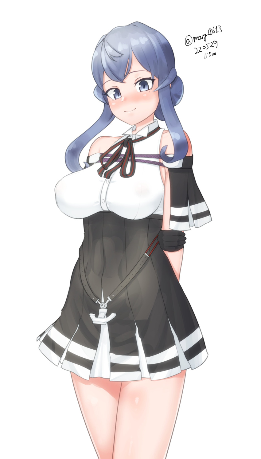 absurdres arm_behind_back black_capelet black_gloves blouse blue_hair breasts capelet commentary_request cosplay dated female gloves gotland_(kancolle) hair_between_eyes hair_bun high-waist_skirt highres kantai_collection large_breasts long_hair maru_(marg0613) mole mole_under_eye neckerchief one-hour_drawing_challenge shirt simple_background single_hair_bun skirt sleeveless sleeveless_shirt solo tatsuta_(kancolle) tatsuta_(kancolle)_(cosplay) tatsuta_kai_ni_(kancolle) tatsuta_kai_ni_(kancolle)_(cosplay) twitter_username white_background