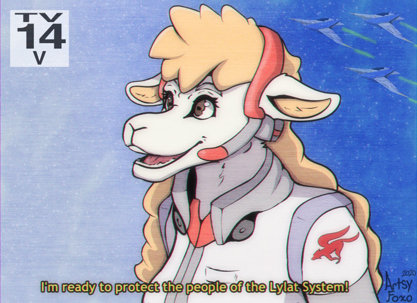 amber_eyes anthro artsyfoxo arwing black_text bovid caprine clothed clothing electronics english_text female grey_headphones grey_headset headgear headphones headset hi_res jacket mammal microphone multicolored_headphones multicolored_headset multicolored_text nintendo red_headphones red_headset sheep sheeply_vilakazi signature solo star_fox text topwear two_tone_headphones two_tone_headset two_tone_text vhs_filter yellow_text