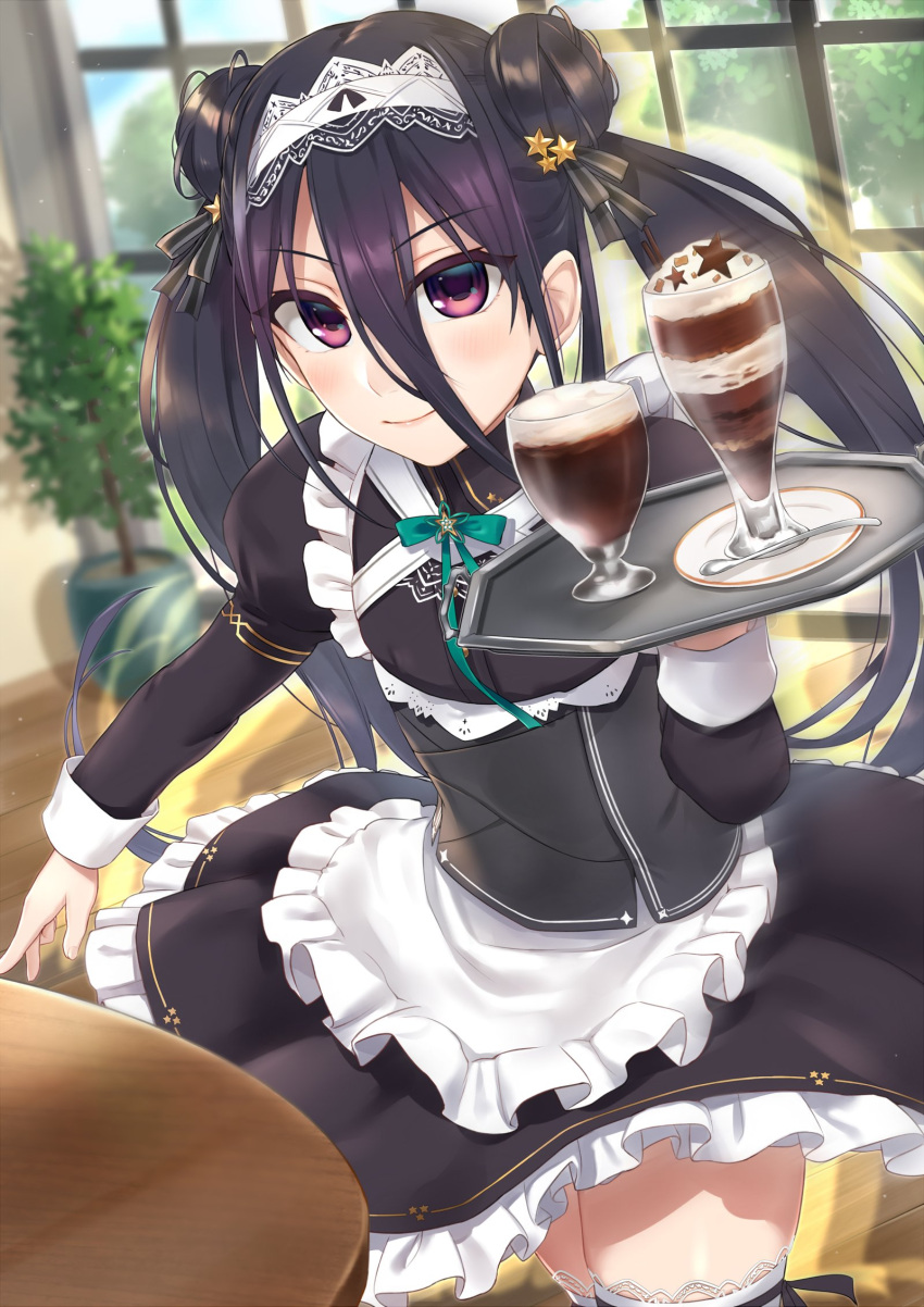 alternate_hairstyle aqua_ribbon black_dress black_hair collared_dress cup double_bun dress drinking_glass female flower_pot frills hair_between_eyes hair_bun hair_ornament hairband hand_up highres holding holding_tray indoors juliet_sleeves kurofuti lace-trimmed_hairband lace_trim long_hair long_sleeves looking_ahead maid official_alternate_costume plant puffy_sleeves purple_eyes ribbon shichiseiken_(tenka_hyakken) solo star_(symbol) star_hair_ornament table tenka_hyakken tray twintails upper_body very_long_hair white_wrist_cuffs wrist_cuffs