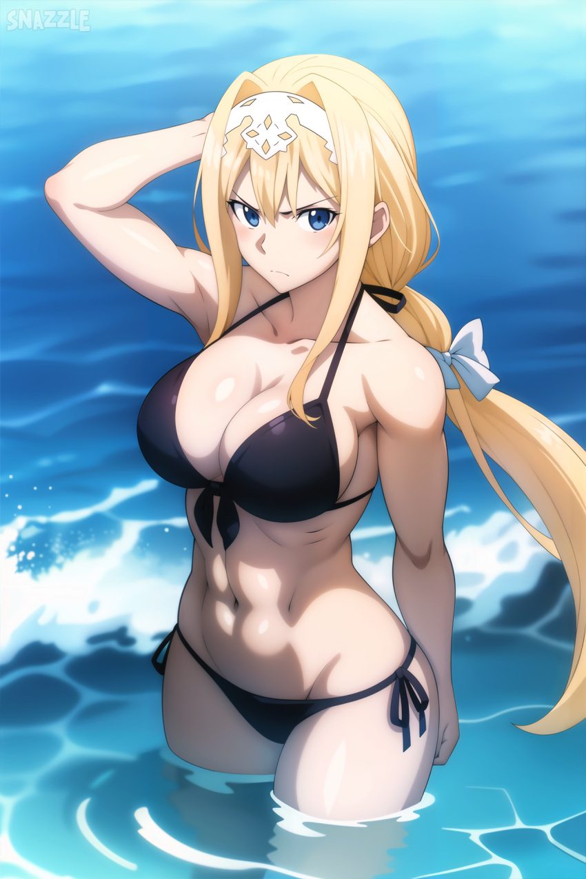 1girls ai_generated alice_schuberg alice_synthesis_thirty arm_up bare_shoulders black_bikini blonde_hair blue_eyes bow braid braided_ponytail breasts cleavage closed_mouth collarbone floating_hair from_above front-tie_top hairband hairbow long_hair looking_at_viewer midriff muscular navel outdoors partially_submerged side-tie_bikini_bottom sidelocks single_braid snazzdaz snazzle solo solo_focus stable_diffusion standing sword_art_online sword_art_online:_alicization sword_art_online_alicization toned very_long_hair water watermark waves