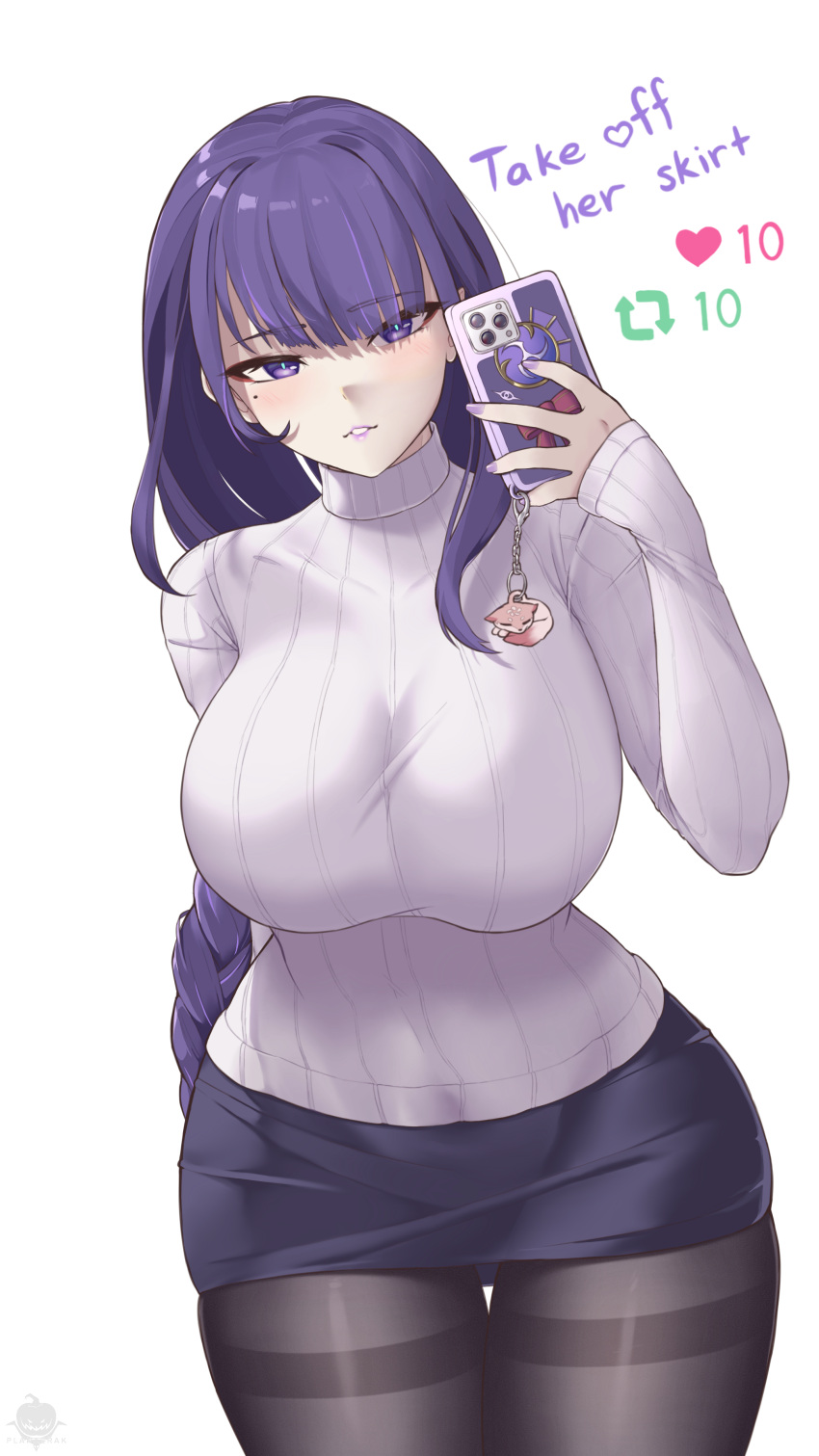 1girls big_breasts black_legwear blush bottomwear braid braided_hair breasts clothing english english_text eye-level_view female female_only genshin_impact goddess hair hips keychain large_breasts leggings like_icon lips lipstick mature mature_female mature_woman mole mole_under_eye pencil_skirt phone planterak_draws purple_eyes purple_hair purple_lips purple_lipstick purple_skirt purple_sweater raiden_shogun retweet_icon selfie skirt solo solo_female sweater text topwear