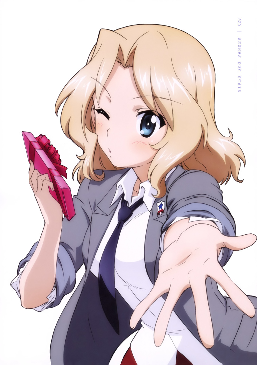 absurdres black_necktie blonde_hair blue_eyes blush box copyright_name dress_shirt female floating_hair gift gift_box girls_und_panzer grey_jacket highres holding holding_box jacket kay_(girls_und_panzer) long_hair necktie official_art one_eye_closed open_clothes open_jacket page_number red_skirt saunders_school_uniform school_uniform shirt simple_background skirt solo upper_body white_background white_shirt yoshida_nobuyoshi