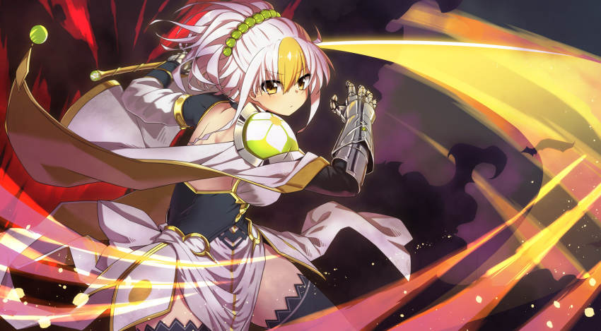 armor armored_dress back_bow black_thighhighs blonde_hair bow cape closed_mouth commentary_request cowboy_shot energy_sword female fighting_stance flower_knight_girl furrowed_brow fuyusango_(flower_knight_girl) gauntlets highres holding holding_sword holding_weapon looking_at_viewer mizunashi_(second_run) multicolored_hair pauldrons serious short_hair shoulder_armor single_pauldron skirt slashing solo sword thighhighs two-tone_hair weapon white_bow white_cape white_hair white_skirt yellow_eyes zettai_ryouiki