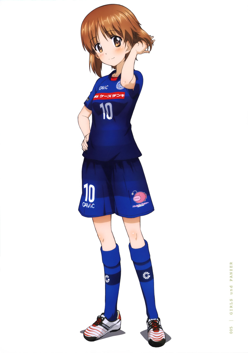 absurdres blue_shirt blue_shorts blue_socks blush brown_eyes brown_hair collarbone copyright_name female full_body girls_und_panzer hand_in_own_hair hand_on_own_hip highres kneehighs looking_at_viewer mito_hollyhock nishizumi_miho official_art page_number print_shirt print_shorts print_socks shirt shoes short_hair short_sleeves shorts simple_background smile sneakers soccer_uniform socks solo sportswear standing white_background yoshida_nobuyoshi