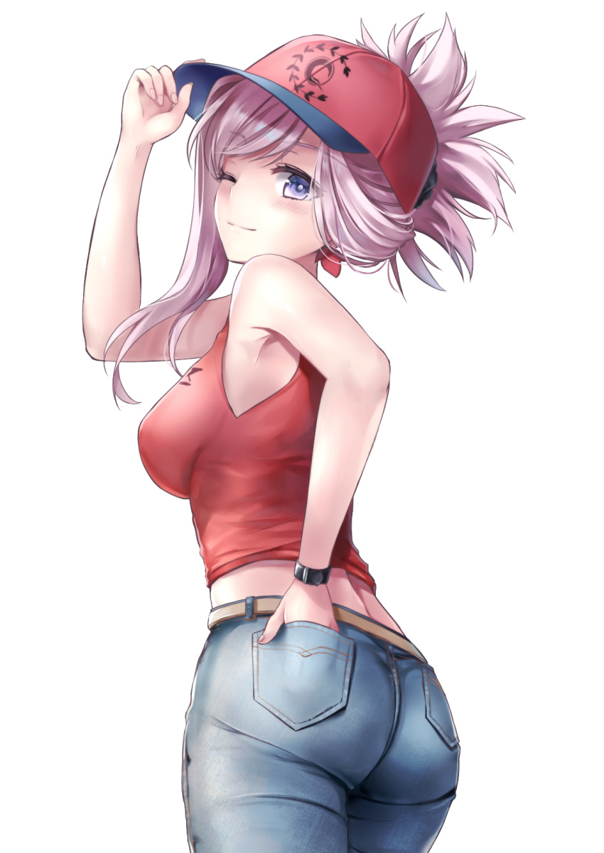 adjusting_clothes adjusting_headwear alternate_costume ass asymmetrical_hair autumn_leaves bad_id bad_pixiv_id bare_shoulders breasts contemporary cowboy_shot denim fate/grand_order fate_(series) female from_behind from_below hand_in_pocket hane_yuki hat head_tilt highres jeans large_breasts long_hair looking_at_viewer looking_back miyamoto_musashi_(fate) miyamoto_musashi_(traveling_outfit)_(fate) one_eye_closed pants pink_hair ponytail purple_eyes shirt simple_background sleeveless sleeveless_shirt solo standing tank_top white_background