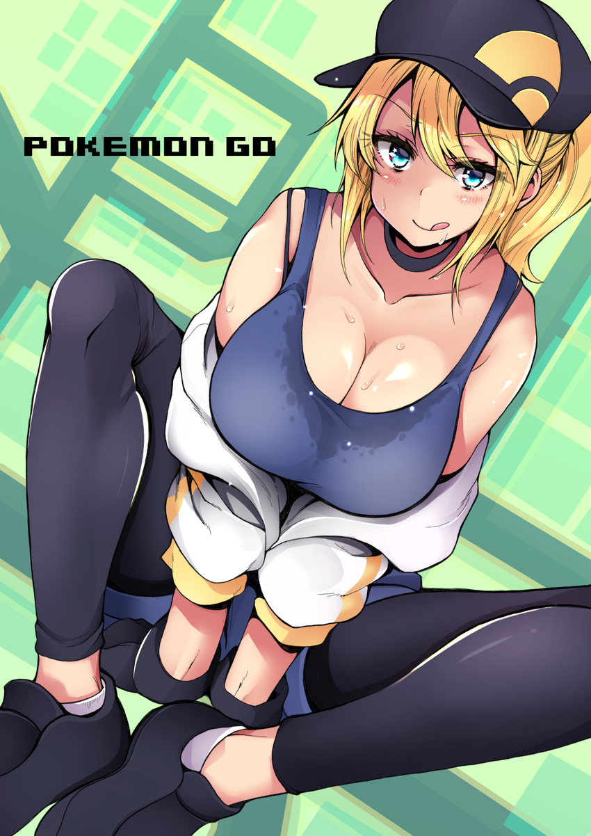 :q bad_id bad_twitter_id bare_shoulders baseball_cap between_legs blonde_hair blue_eyes blush breasts choker cleavage collarbone commentary_request copyright_name cropped_jacket dutch_angle female female_protagonist_(pokemon_go) fingerless_gloves gloves hand_between_legs hands_on_ground hat highres knees_up large_breasts leggings long_hair looking_at_viewer off_shoulder pokemon pokemon_go ponytail sacha shoes sitting smile sneakers socks solo stained_clothes sweat sweaty_clothes tank_top tongue tongue_out